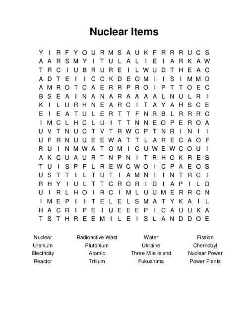 Nuclear Items Word Search Puzzle