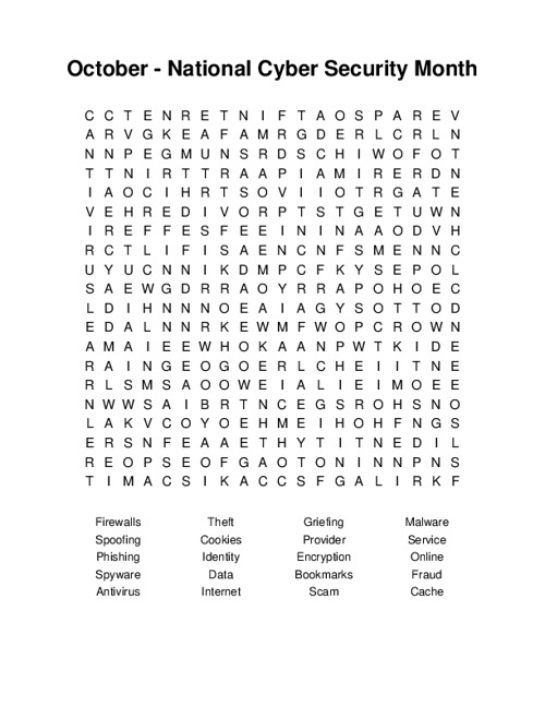 October - National Cyber Security Month Word Search Puzzle