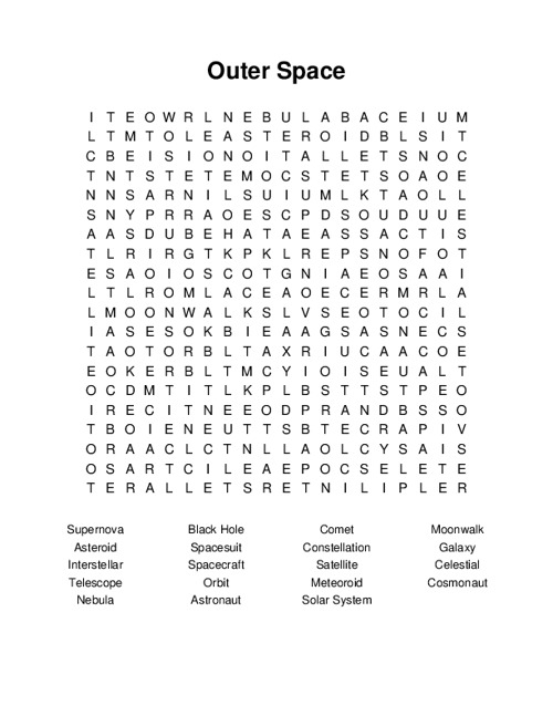 Outer Space Word Search Puzzle