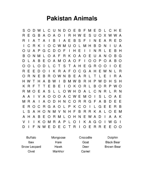 Pakistan Animals Word Search Puzzle