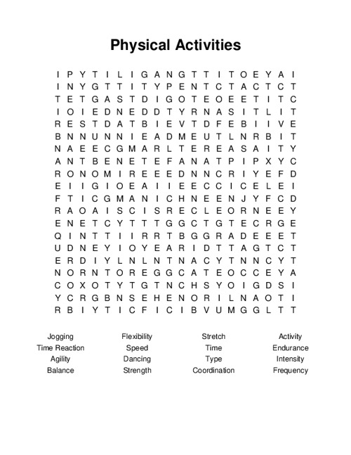 Physical Activities Word Search Puzzle