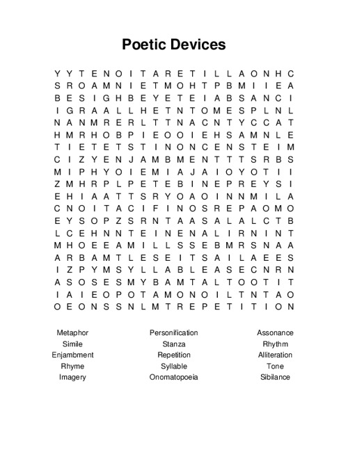 Poetic Devices Word Search Puzzle