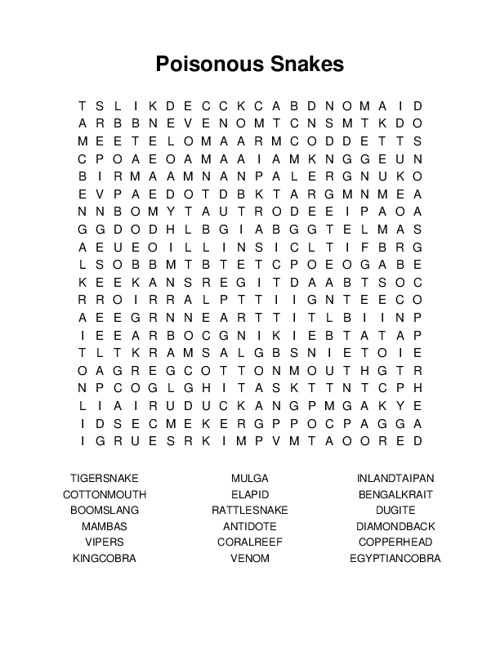 Poisonous Snakes Word Search Puzzle