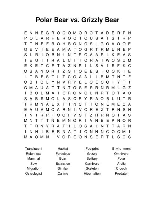 Polar Bear vs. Grizzly Bear Word Search Puzzle