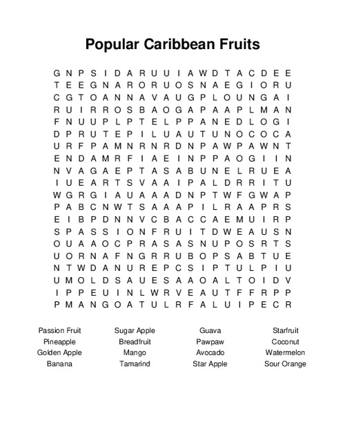 Popular Caribbean Fruits Word Search Puzzle