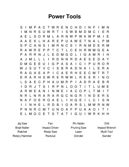 Power Tools Word Search Puzzle