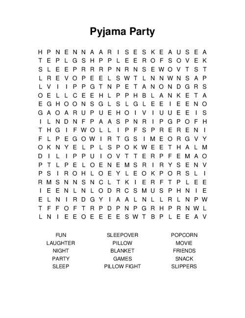 Pyjama Party Word Search Puzzle