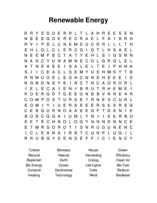 Renewable Energy Word Search Puzzle