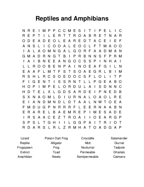 Reptiles and Amphibians Word Search Puzzle