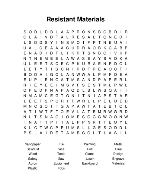 Resistant Materials Word Search Puzzle