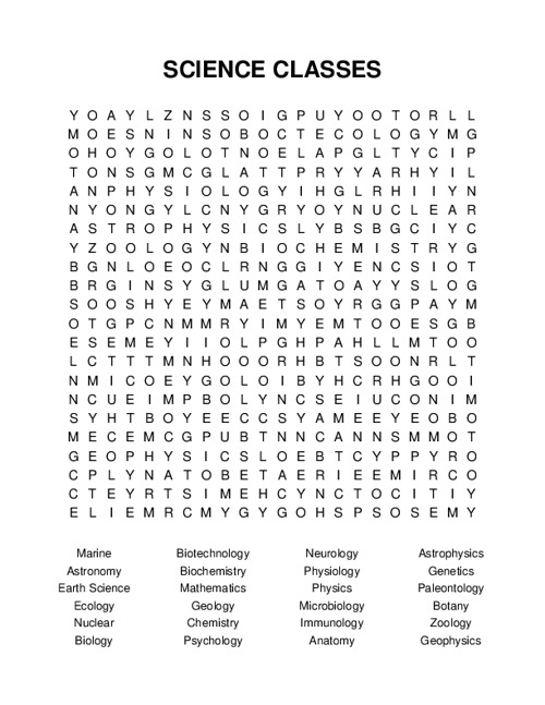 SCIENCE CLASSES Word Search Puzzle