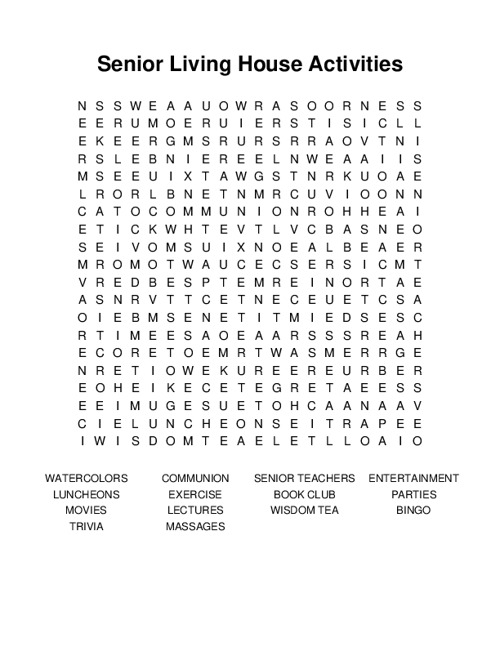 Senior Living House Activities Word Search Puzzle