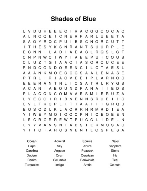 Shades of Blue Word Search Puzzle
