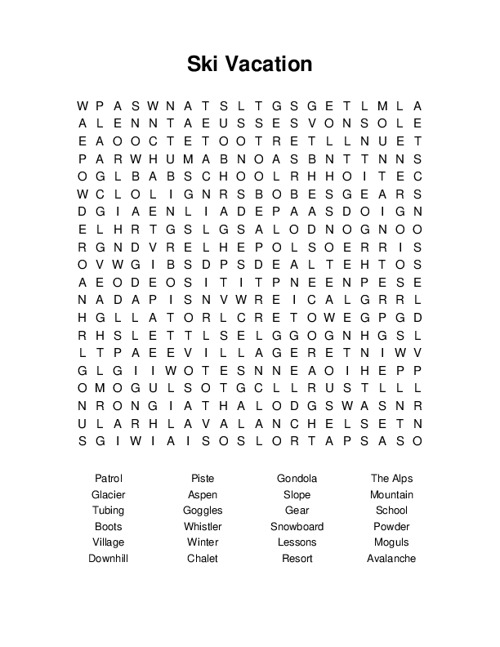 Ski Vacation Word Search Puzzle