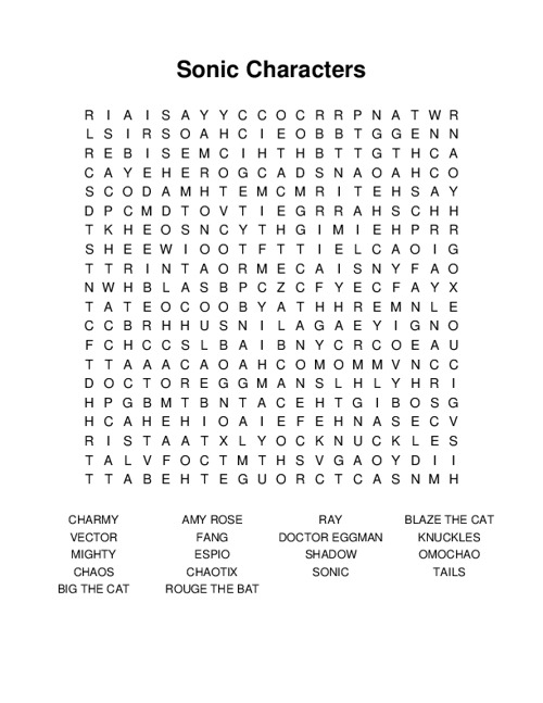 Sonic Characters Word Search Puzzle