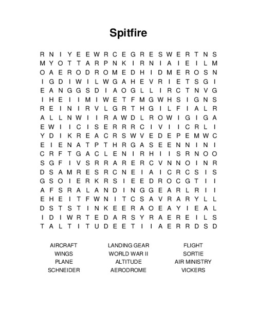 Spitfire Word Search Puzzle