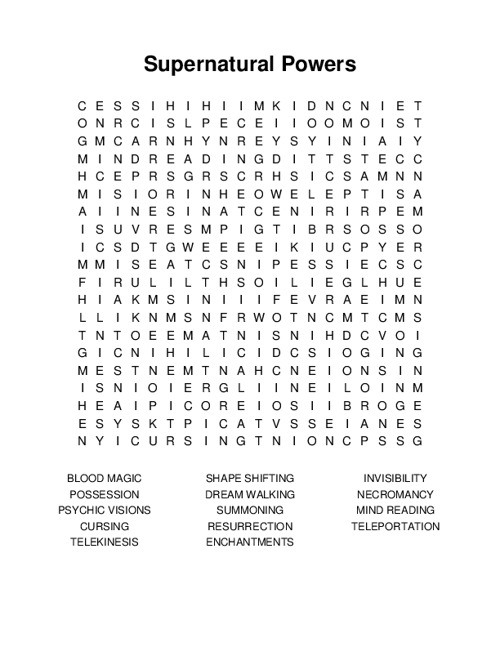 Supernatural Powers Word Search Puzzle