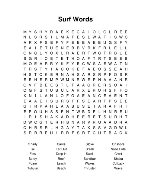 Surf Words Word Search Puzzle