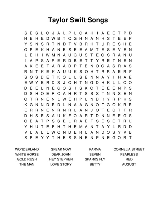 Taylor Swift Songs Word Search Puzzle