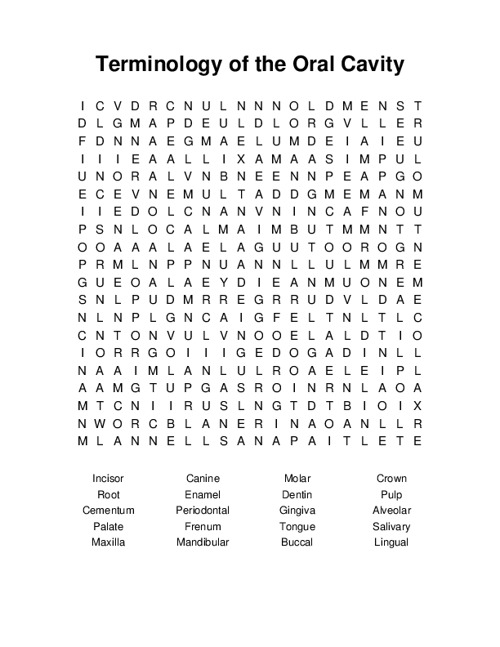 Terminology of the Oral Cavity Word Search Puzzle