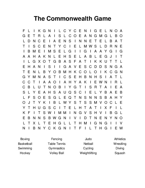 The Commonwealth Game Word Search Puzzle