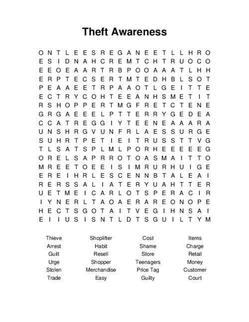 Theft Awareness Word Search Puzzle