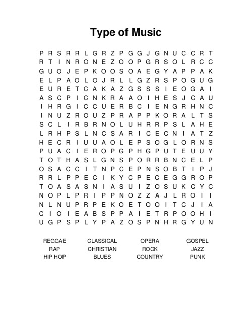 Type of Music Word Search Puzzle