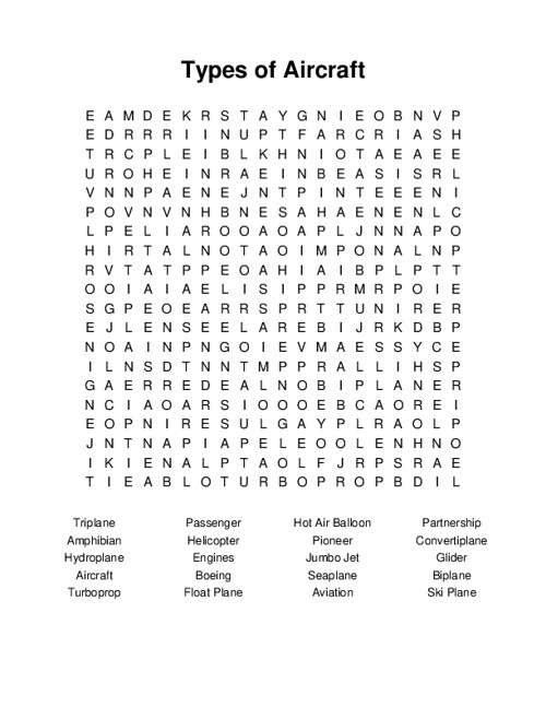 Types of Aircraft Word Search Puzzle