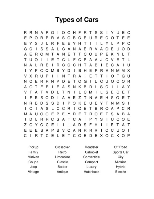 Types of Cars Word Search Puzzle