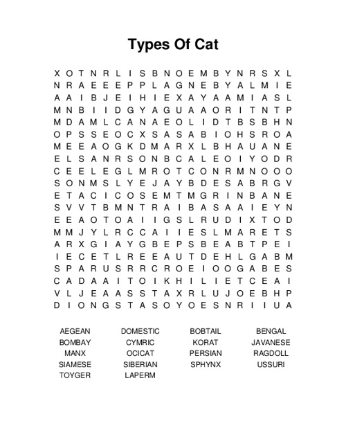 Types Of Cat Word Search Puzzle