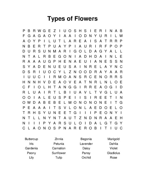 Types of Flowers Word Search Puzzle