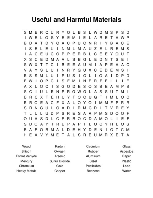 Useful and Harmful Materials Word Search Puzzle
