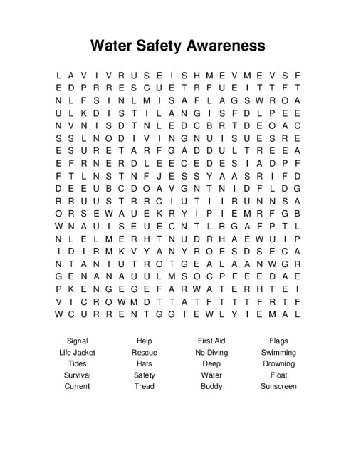Water Safety Awareness Word Search Puzzle