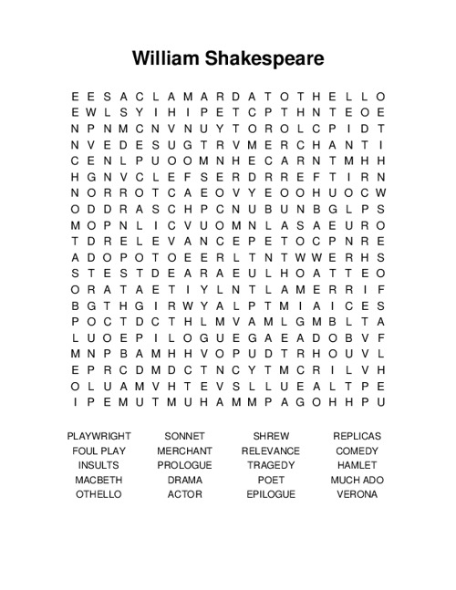 William Shakespeare Word Search Puzzle