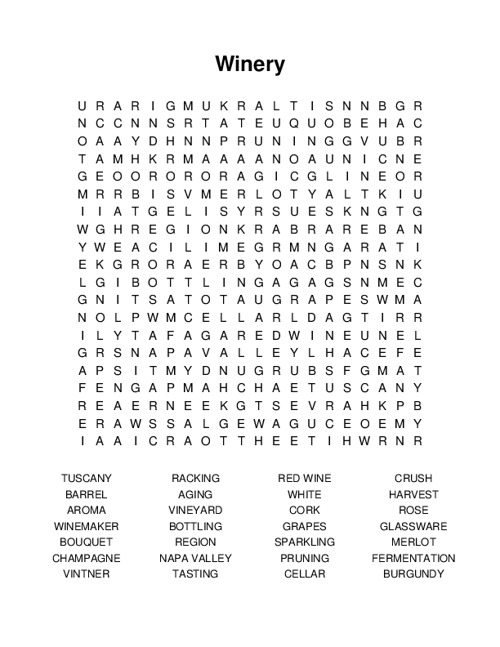 Winery Word Search Puzzle