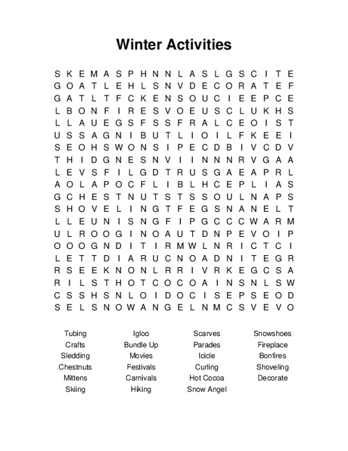 Winter Activities Word Search Puzzle