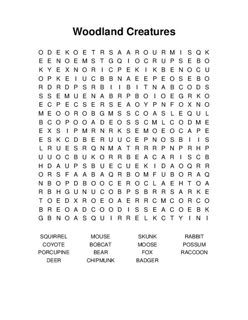Woodland Creatures Word Search Puzzle