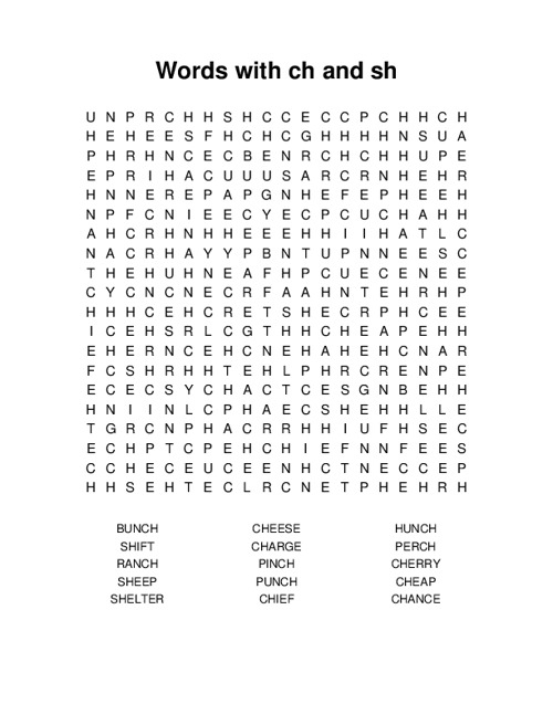 Words with ch and sh Word Search Puzzle