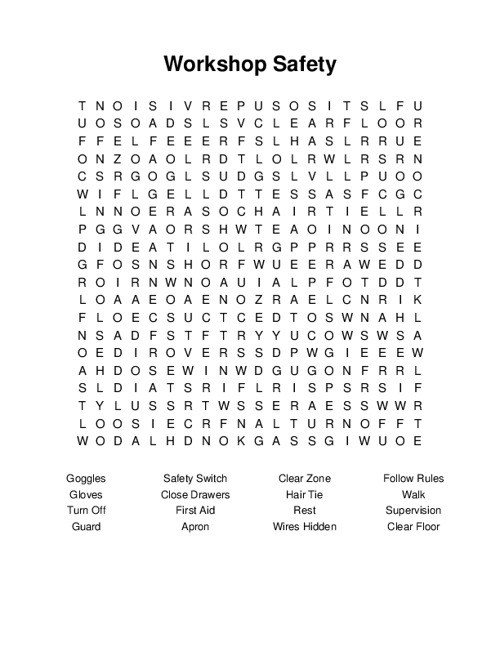 Workshop Safety Word Search Puzzle