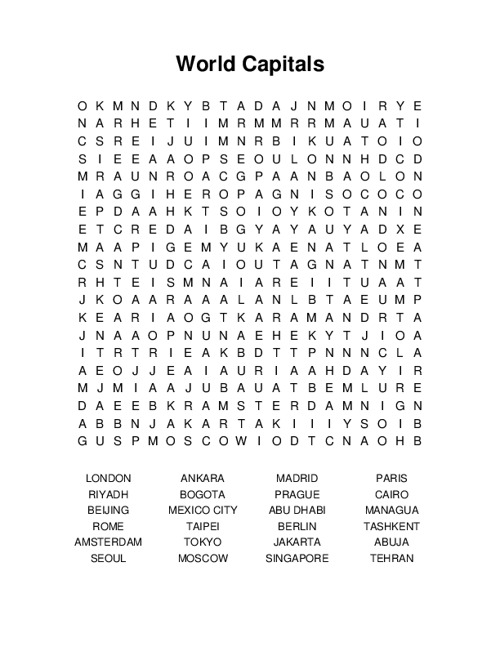 World Capitals Word Search Puzzle