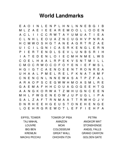 World Landmarks Word Search Puzzle