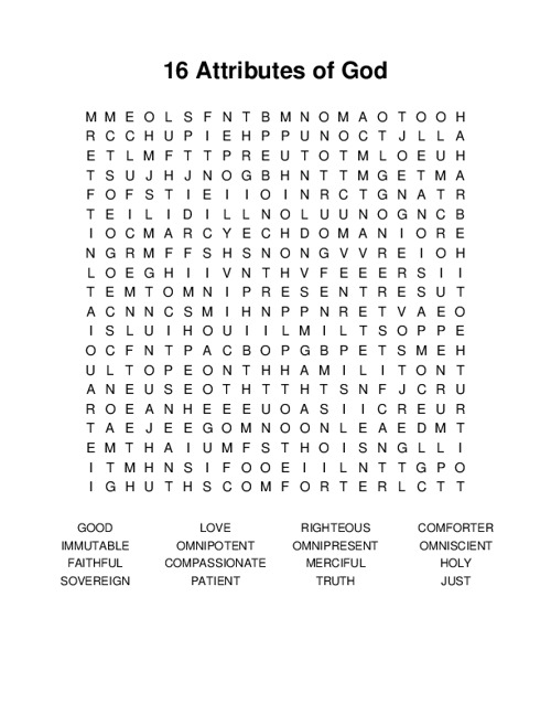 16 Attributes of God Word Search Puzzle