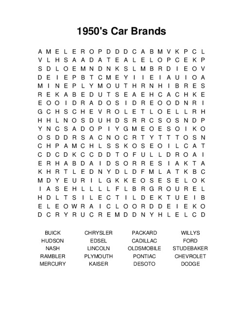 1950s Car Brands Word Search Puzzle