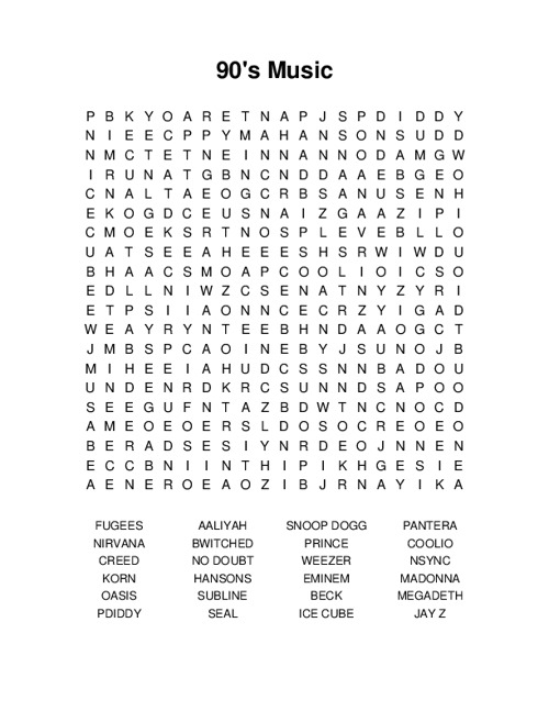 90s Music Word Search Puzzle