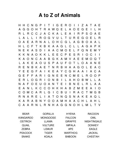 A to Z of Animals Word Search Puzzle