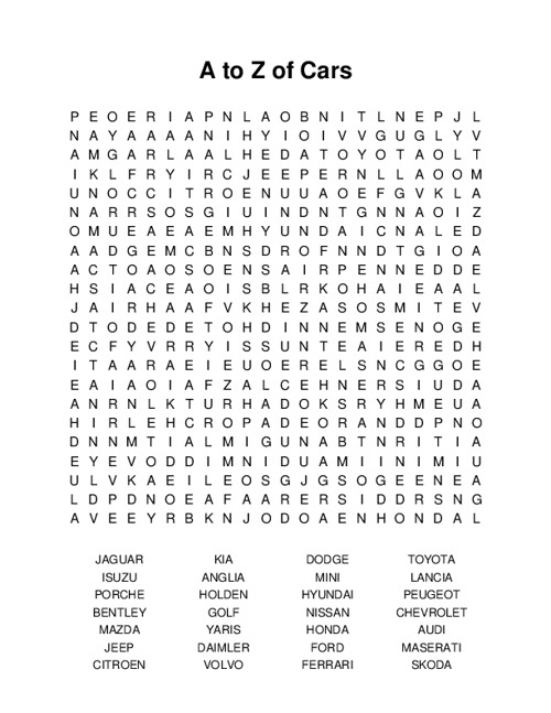 A to Z of Cars Word Search Puzzle