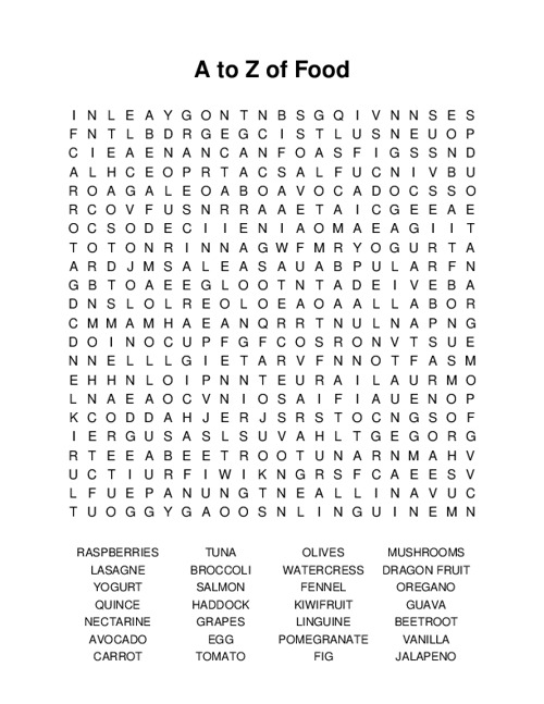 A to Z of Food Word Search Puzzle