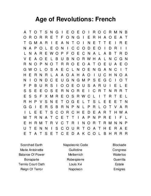 Age of Revolutions: French Revolution Word Search Puzzle