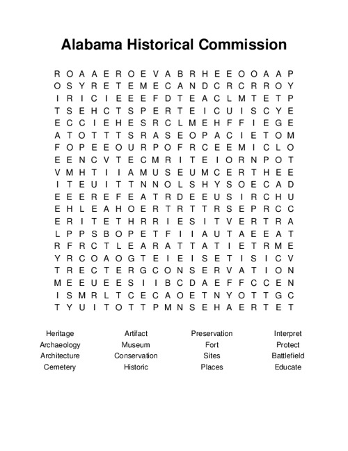 Alabama Historical Commission Word Search Puzzle