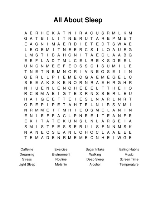 All About Sleep Word Search Puzzle